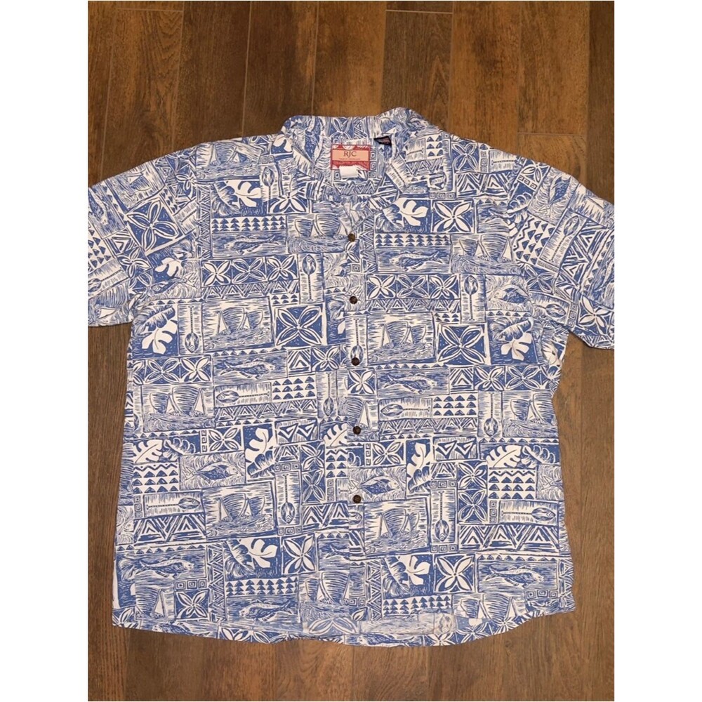 RJC Hawaiian Shirt Mens 2XL Blue White Aloha Camp Collar Made in Hawaii USA